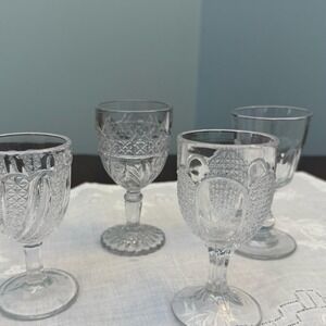 Antique Pressed Glass Cordial Glasses Set of 4: EAPG Mixed Patterns,